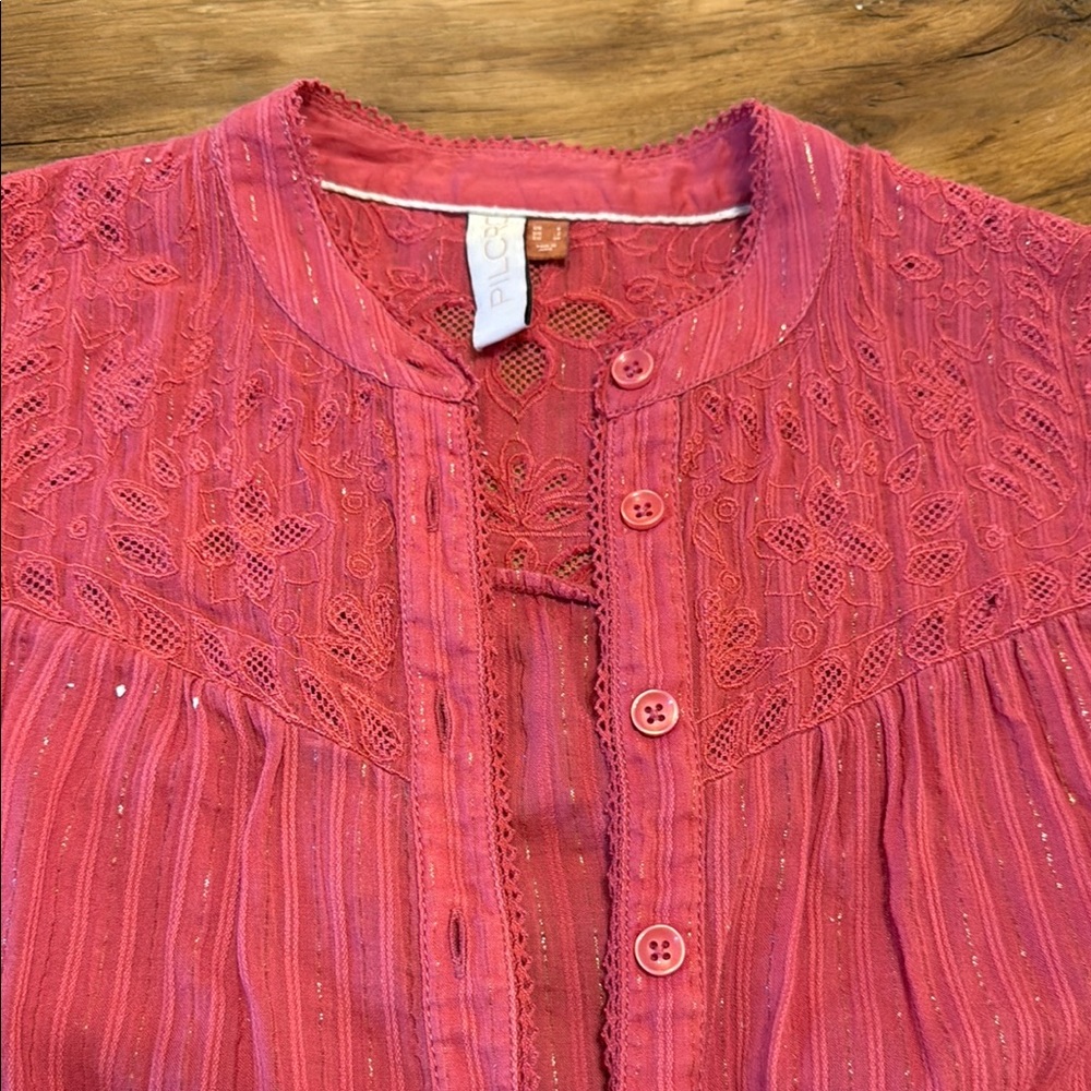 Anthropologie Pilcro the Victoria Lace Button-Up Blouse Pink tinsel Size 2 M1 - Picture 4 of 8